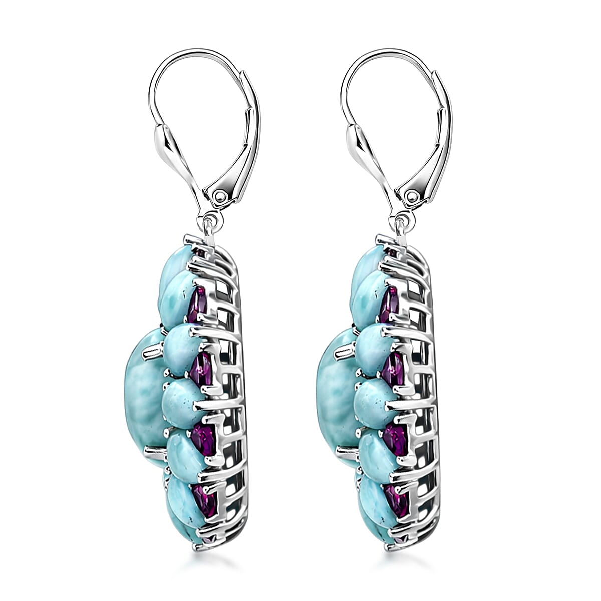 D'Joy Larimar and Orissa Rhodolite Garnet 26.90 ctw Ocean Ripple Halo Earrings in Rhodium Over Sterling Silver