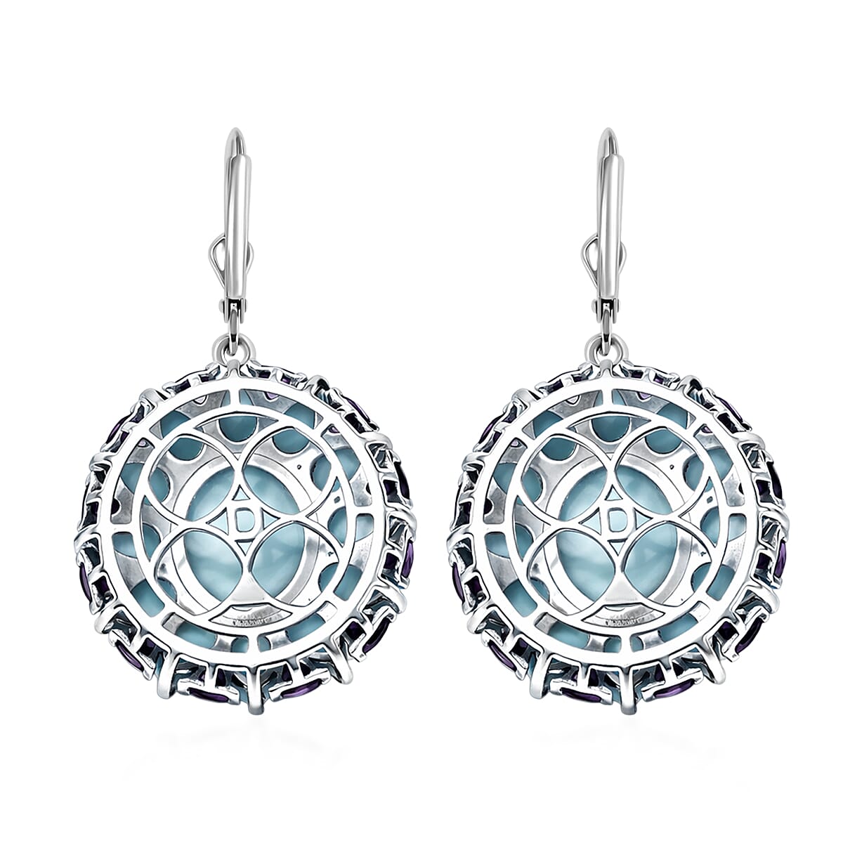 D'Joy Larimar and Orissa Rhodolite Garnet 26.90 ctw Ocean Ripple Halo Earrings in Rhodium Over Sterling Silver