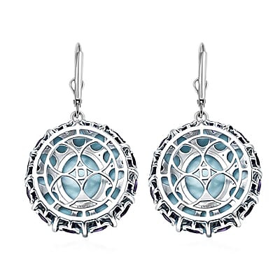 D'Joy Larimar and Orissa Rhodolite Garnet 26.90 ctw Ocean Ripple Halo Earrings in Rhodium Over Sterling Silver