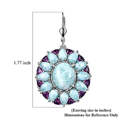 D'Joy Larimar and Orissa Rhodolite Garnet 26.90 ctw Ocean Ripple Halo Earrings in Rhodium Over Sterling Silver
