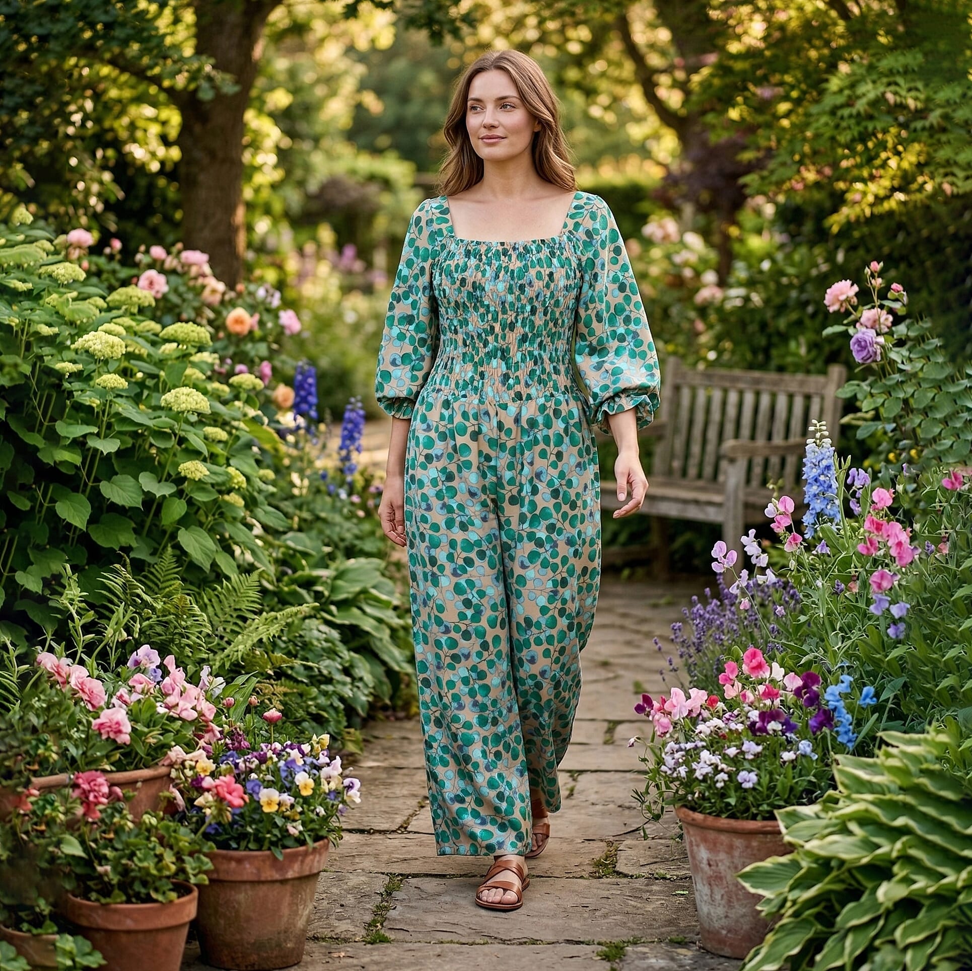 La Marey Multi Green Leaf Printed Embroidered Jumpsuit - One Size Plus
