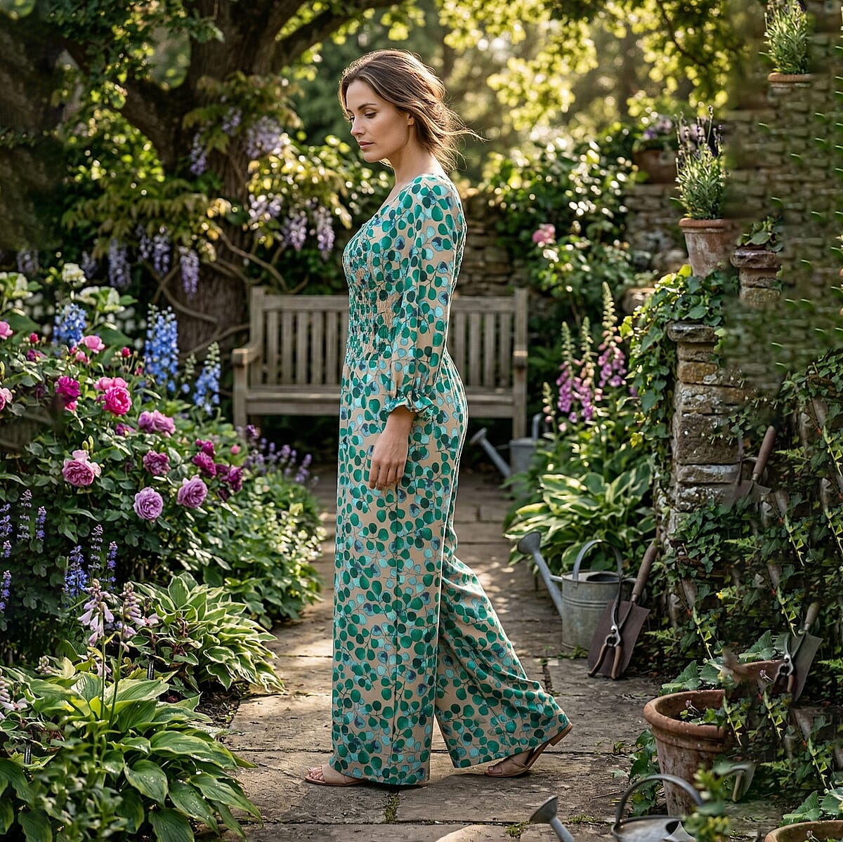 La Marey Multi Green Leaf Printed Embroidered Top - One Size Plus image number 2