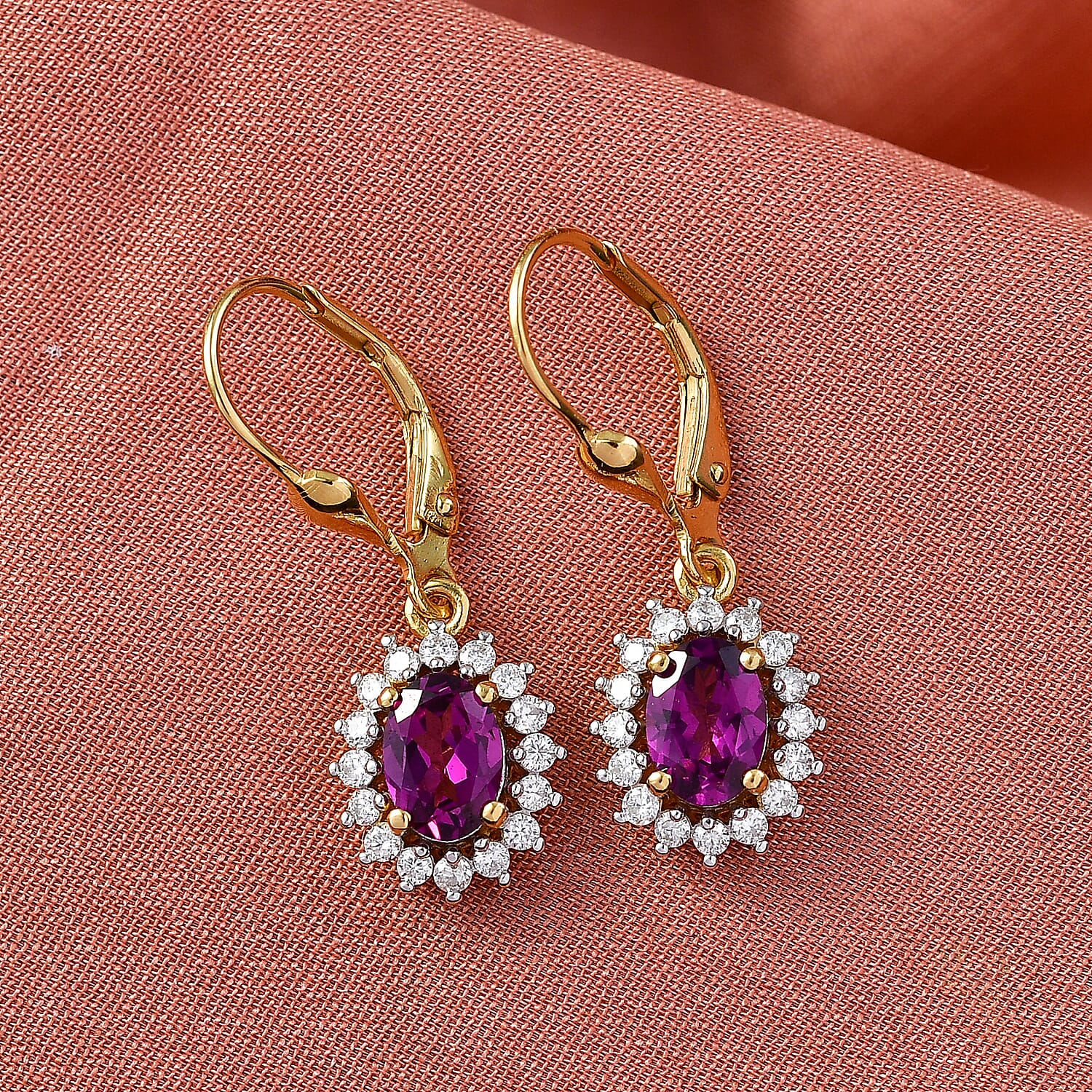 D'Joy Premium Radiant Ember Garnet and Moissanite 2.30 ctw Earrings in 18K Vermeil Yellow Gold Over Sterling Silver