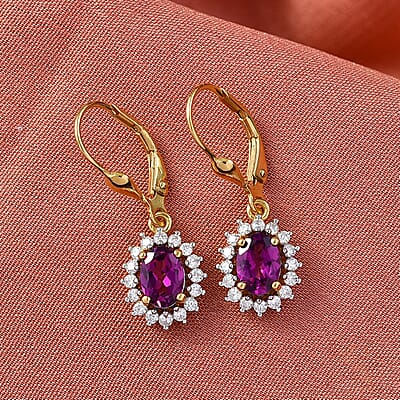 D'Joy Premium Radiant Ember Garnet and Moissanite 2.30 ctw Earrings in 18K Vermeil Yellow Gold Over Sterling Silver