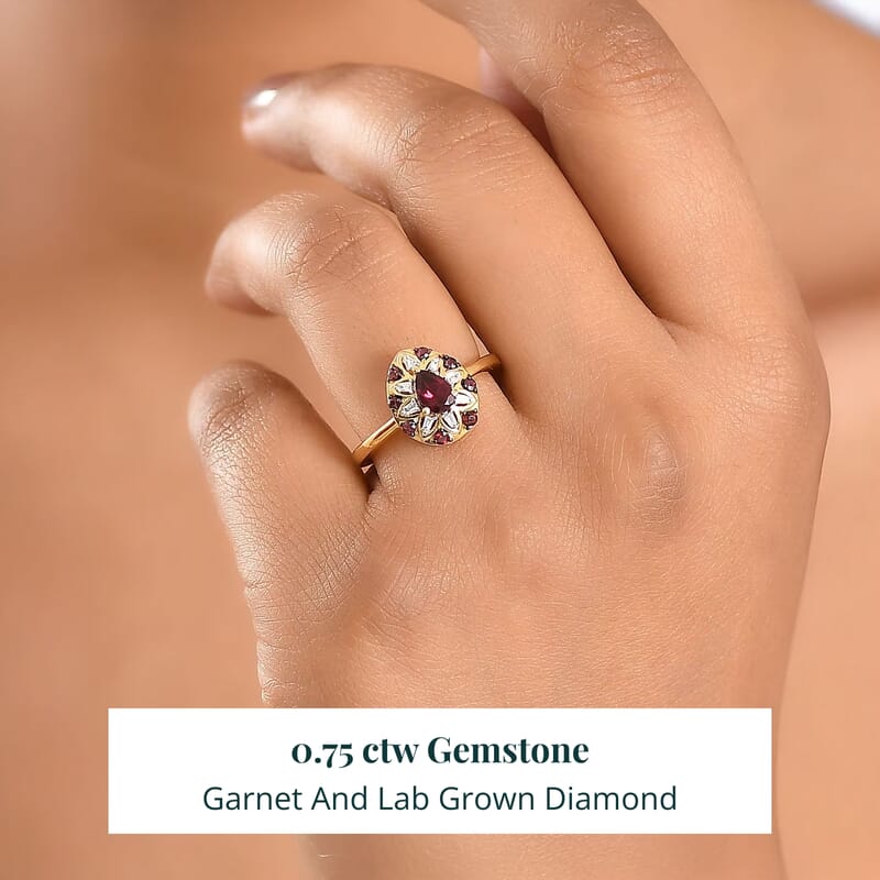 Premium Anthill Garnet and Luxuriant Lab Grown Diamond G-H SI 0.75 ctw Bloom Ring in 18K Vermeil Yellow Gold Over Sterling Silver (Size 10.0)