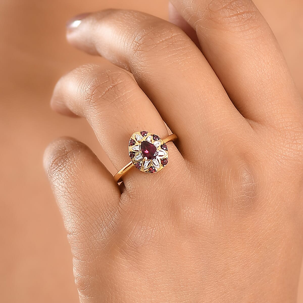 Premium Anthill Garnet and Luxuriant Lab Grown Diamond G-H SI 0.75 ctw Bloom Ring in 18K Vermeil Yellow Gold Over Sterling Silver (Size 10.0) (Del. in 5-7 Days)  image number 2