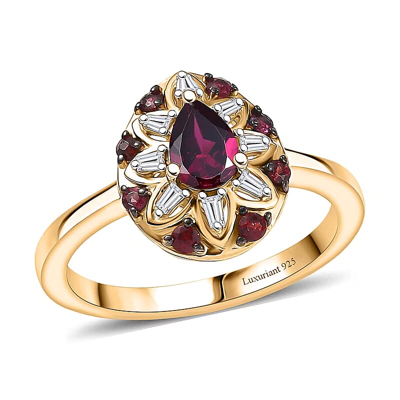 Premium Anthill Garnet and Luxuriant Lab Grown Diamond G-H SI 0.75 ctw Bloom Ring in 18K Vermeil Yellow Gold Over Sterling Silver (Size 7.0)