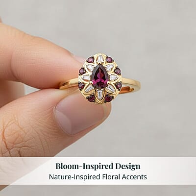 Premium Anthill Garnet and Luxuriant Lab Grown Diamond G-H SI 0.75 ctw Bloom Ring in 18K Vermeil Yellow Gold Over Sterling Silver (Size 7.0)