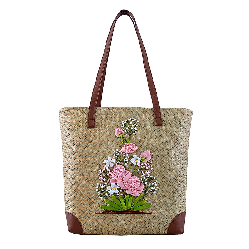 Passage Blooming Rose Handcrafted Ribbon Embroidered Straw Tote Bag