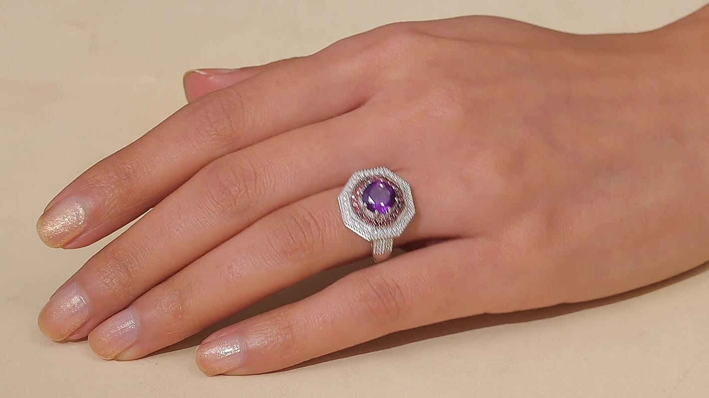 D'Joy Premium Lusaka Amethyst, Multi Gemstone Bloom Citadel Ring in Rhodium Over Sterling Silver (Size 10.0) 2.50 ctw