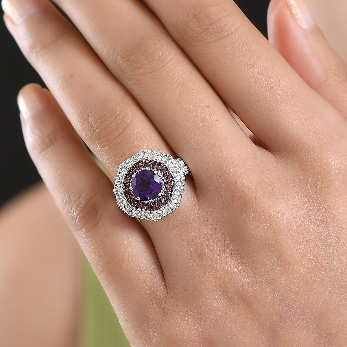 D'Joy Premium Lusaka Amethyst and Multi Gemstone 2.50 ctw Bloom Citadel Ring in Rhodium Over Sterling Silver (Size 6.0) image number 2