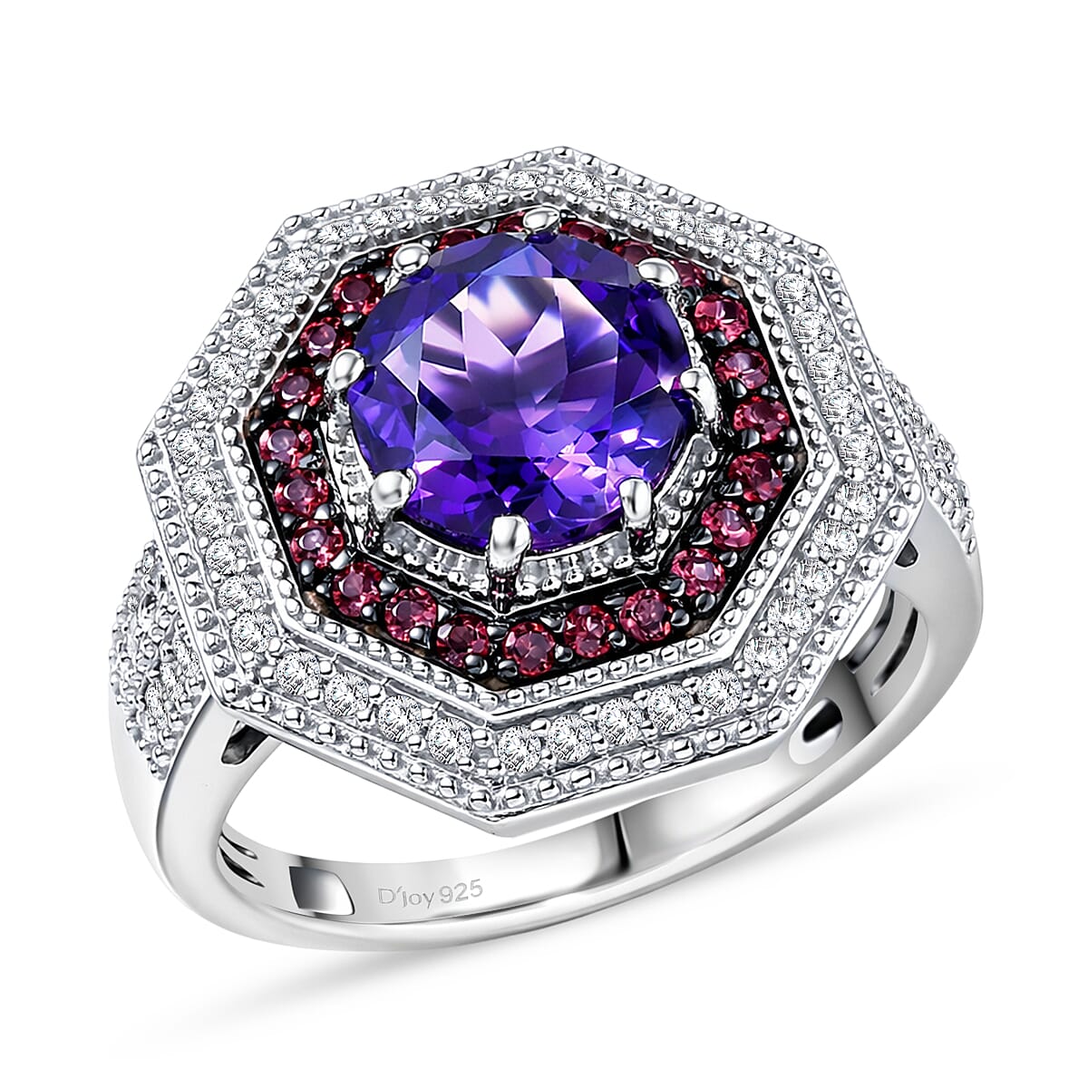 D'Joy Premium Lusaka Amethyst, Multi Gemstone Bloom Citadel Ring in Rhodium Over Sterling Silver (Size 10.0) 2.50 ctw
