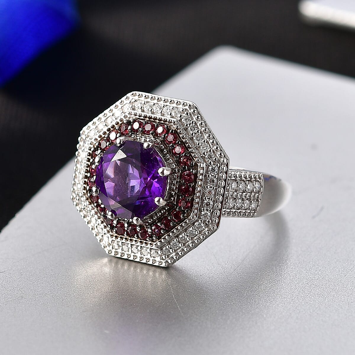D'Joy Premium Lusaka Amethyst and Multi Gemstone 2.50 ctw Bloom Citadel Ring in Rhodium Over Sterling Silver (Size 7.0) image number 1