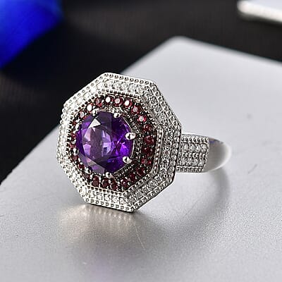 D'Joy Premium Lusaka Amethyst and Multi Gemstone 2.50 ctw Bloom Citadel Ring in Rhodium Over Sterling Silver (Size 7.0)