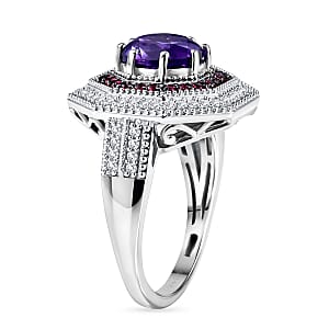 D'Joy Premium Lusaka Amethyst and Multi Gemstone 2.50 ctw Bloom Citadel Ring in Rhodium Over Sterling Silver (Size 7.0)