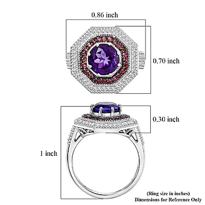 D'Joy Premium Lusaka Amethyst and Multi Gemstone 2.50 ctw Bloom Citadel Ring in Rhodium Over Sterling Silver (Size 7.0)