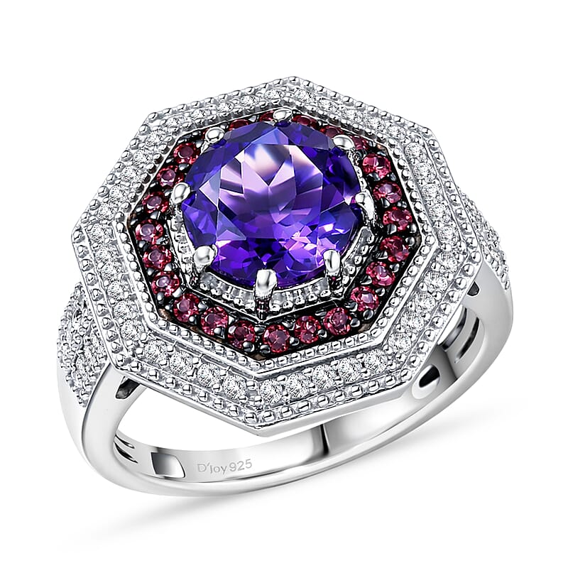 D'Joy Premium Lusaka Amethyst and Multi Gemstone 2.50 ctw Bloom Citadel Ring in Rhodium Over Sterling Silver (Size 8.0)