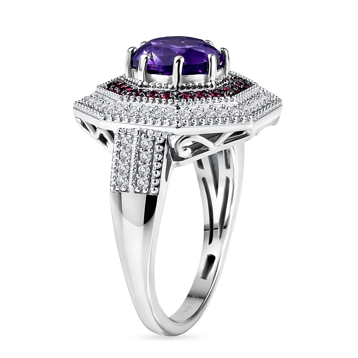D'Joy Premium Lusaka Amethyst and Multi Gemstone 2.50 ctw Bloom Citadel Ring in Rhodium Over Sterling Silver (Size 8.0) image number 3