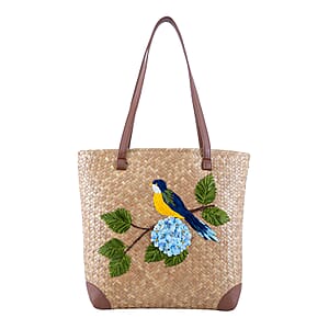 Passage Bluebird & Hydrangea Handcrafted Ribbon Embroidered Straw Tote Bag