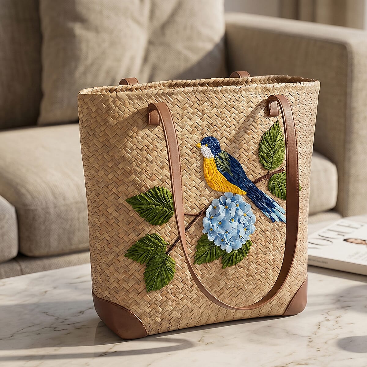 Passage Bluebird & Hydrangea Handcrafted Ribbon Embroidered Straw Tote Bag image number 1