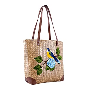 Passage Bluebird & Hydrangea Handcrafted Ribbon Embroidered Straw Tote Bag