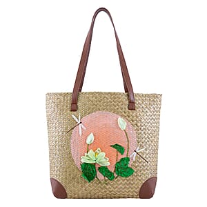 Passage Lotus & Dragonefly Handcrafted Ribbon Embroidered Straw Tote Bag