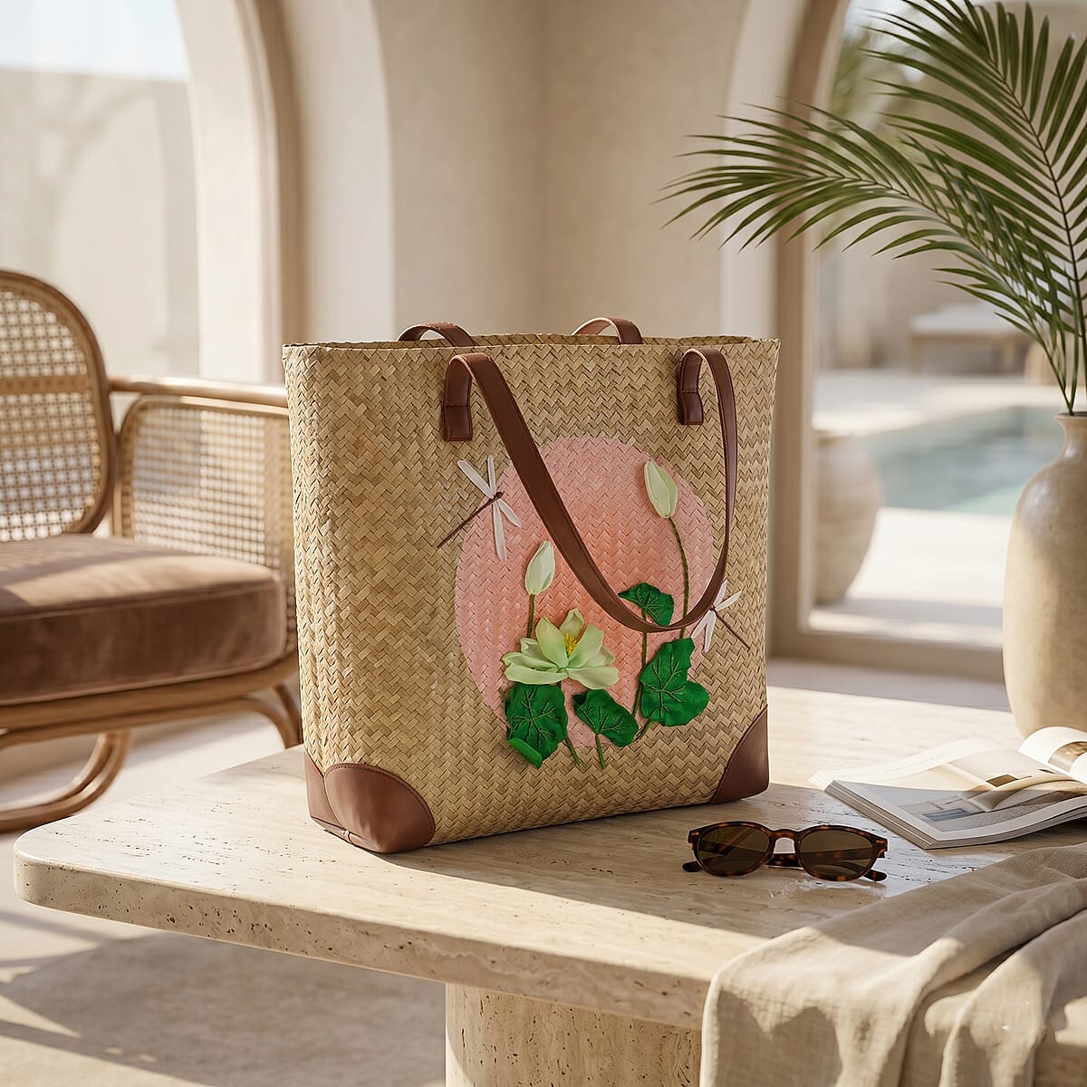 Passage Lotus & Dragonefly Handcrafted Ribbon Embroidered Straw Tote Bag image number 1