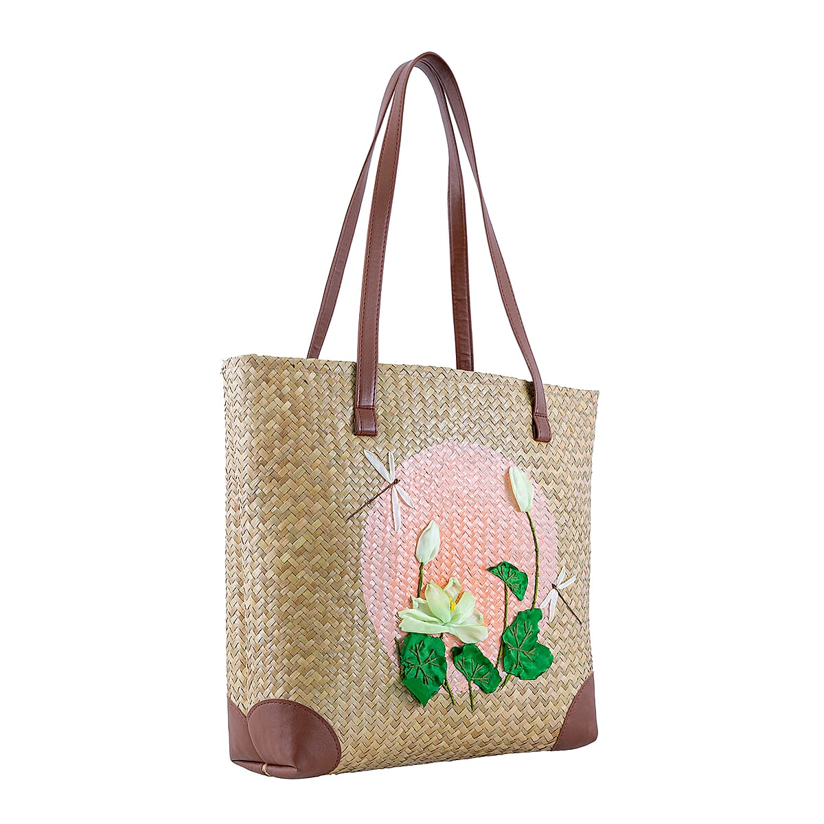 Passage Lotus & Dragonefly Handcrafted Ribbon Embroidered Straw Tote Bag image number 3