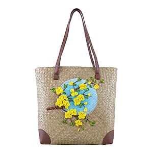 Passage Apricot Blossom Branch Handcrafted Ribbon Embroidered Straw Tote Bag