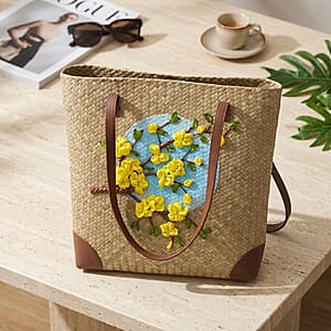 Passage Apricot Blossom Branch Handcrafted Ribbon Embroidered Straw Tote Bag