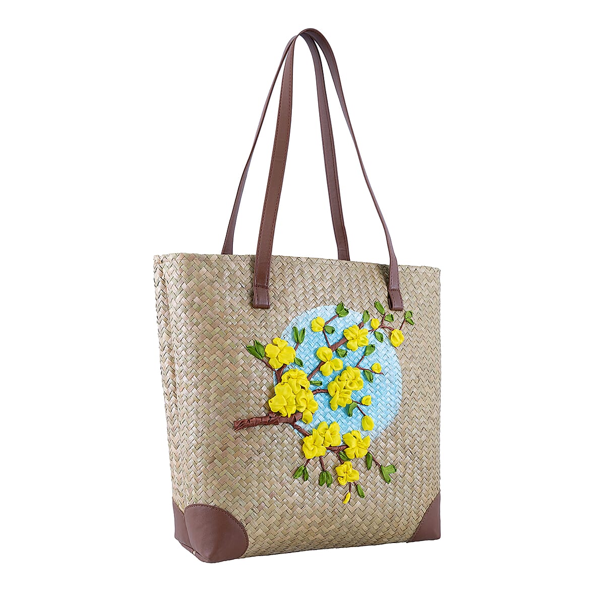 Passage Apricot Blossom Branch Handcrafted Ribbon Embroidered Straw Tote Bag image number 3