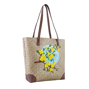 Passage Apricot Blossom Branch Handcrafted Ribbon Embroidered Straw Tote Bag