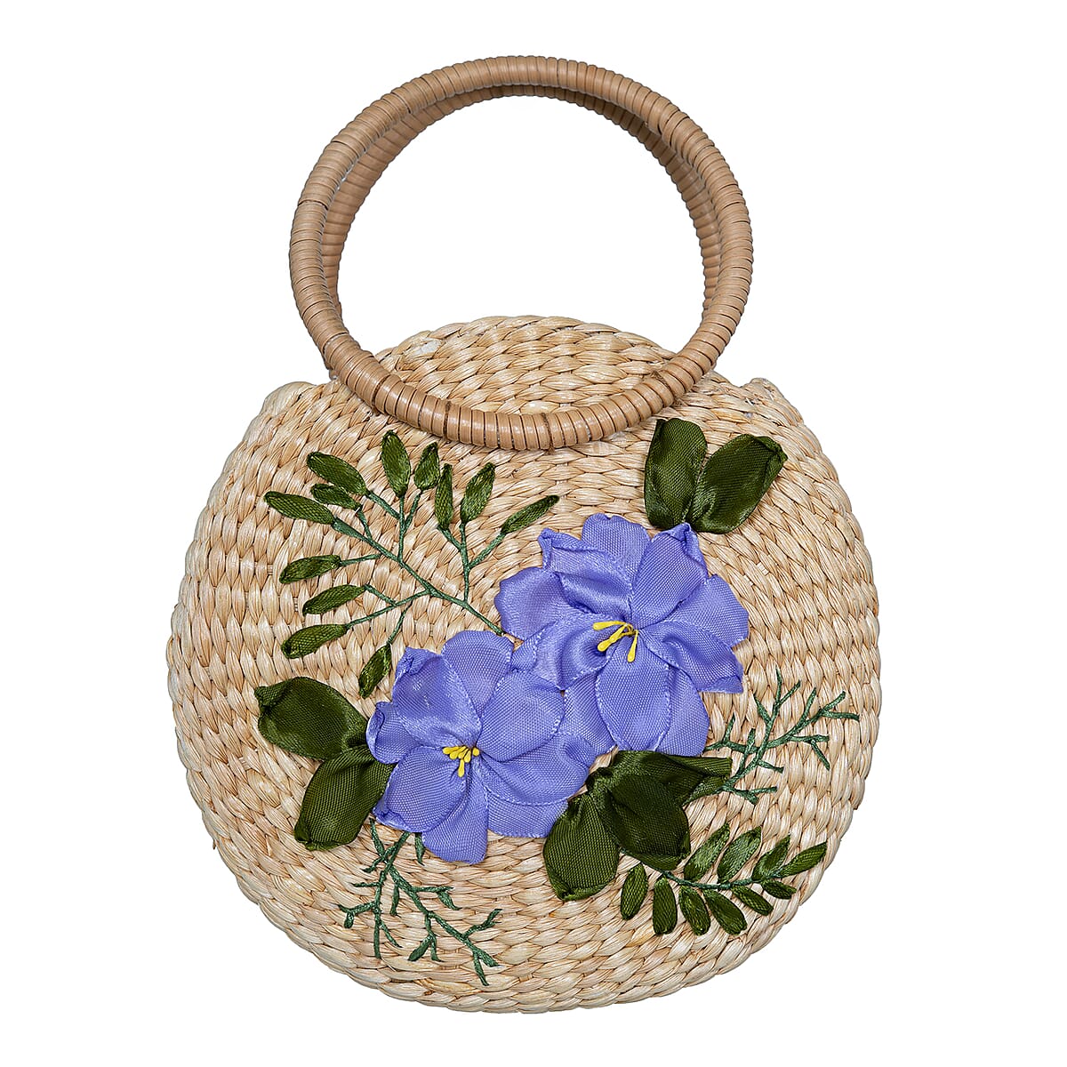 Passage Blue Flower Handcrafted Ribbon Embroidered Straw Round Shoulder Bag with Matching Earrings Set image number 4