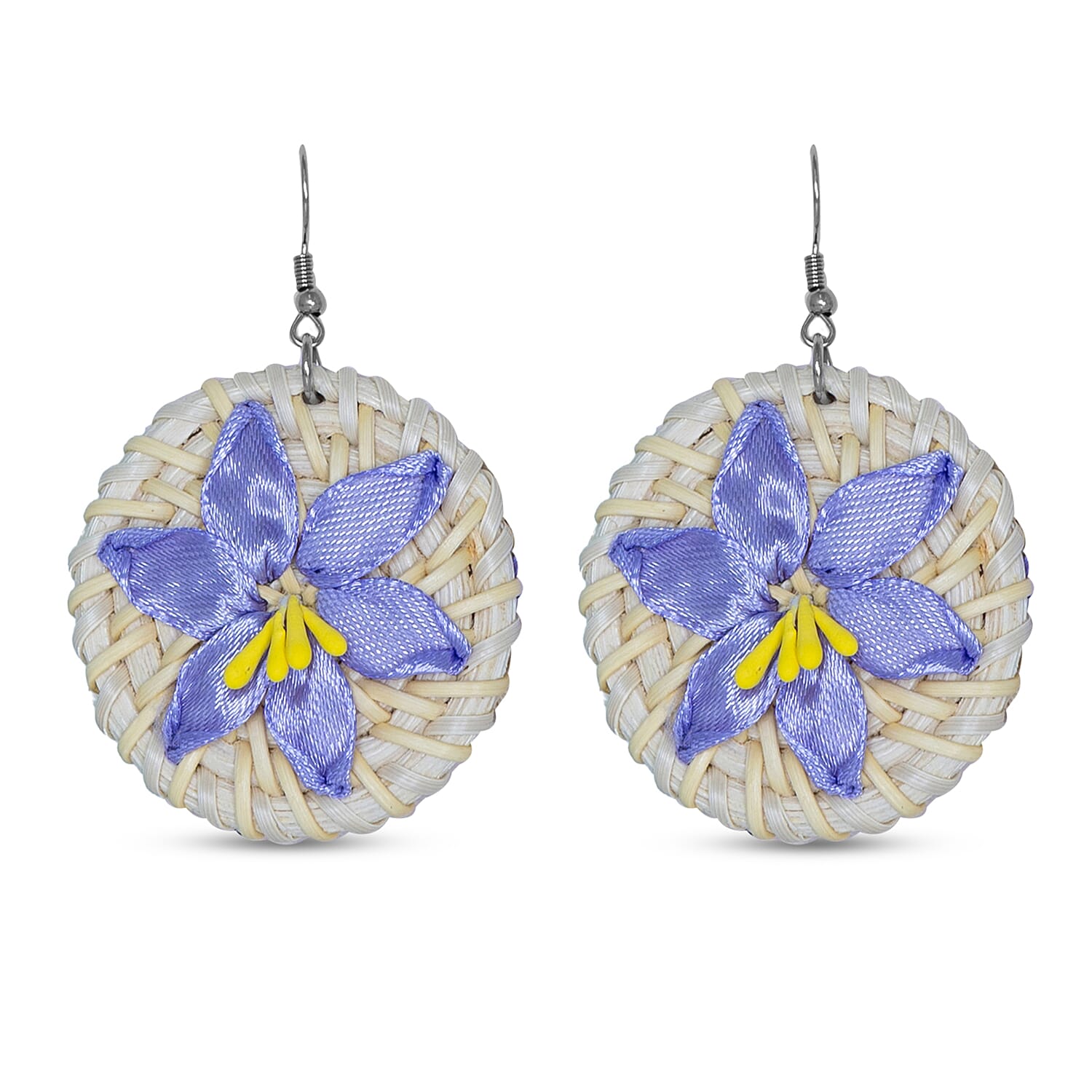 Passage Blue Flower Handcrafted Ribbon Embroidered Straw Round Shoulder Bag with Matching Earrings Set
