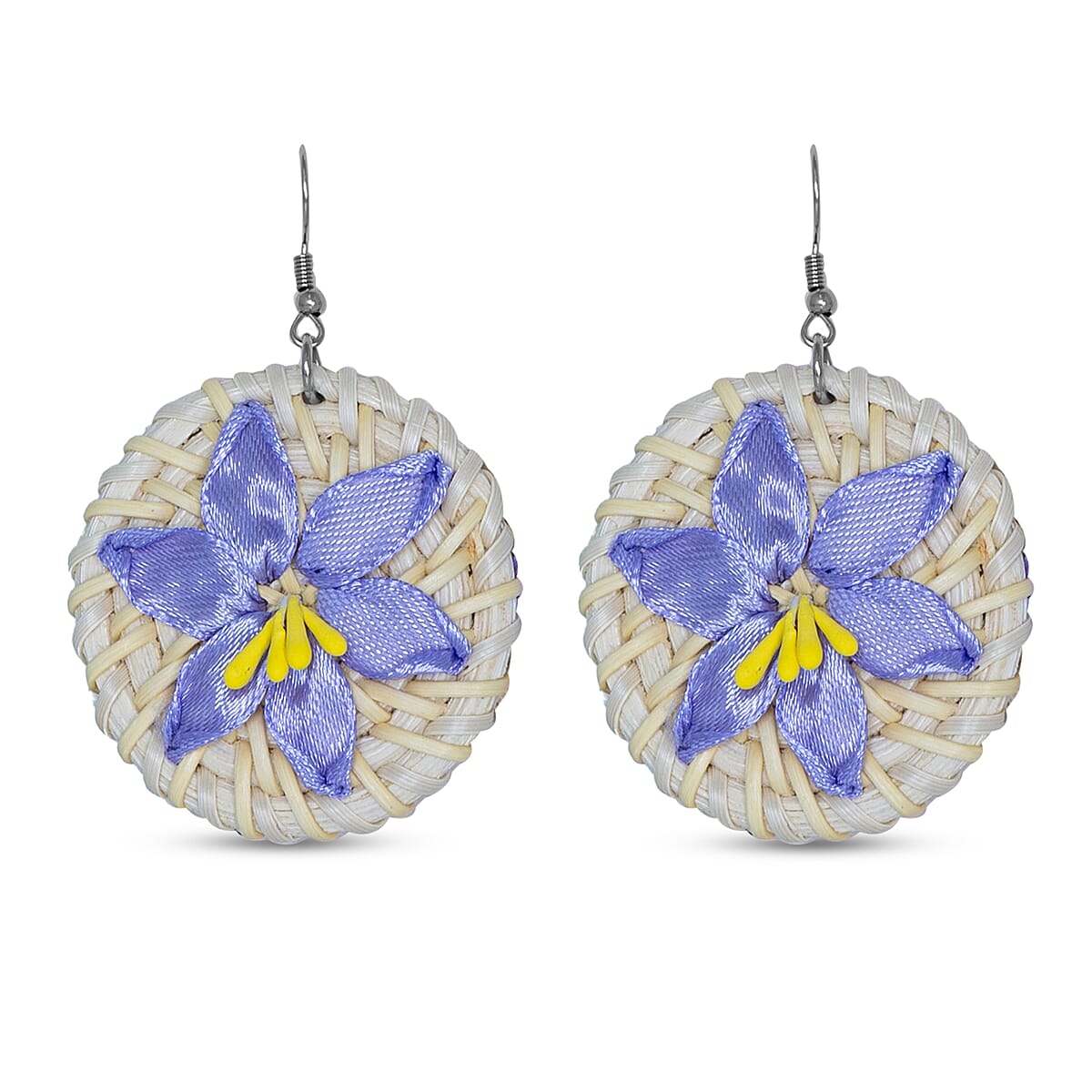 Passage Blue Flower Handcrafted Ribbon Embroidered Straw Round Shoulder Bag with Matching Earrings Set image number 9
