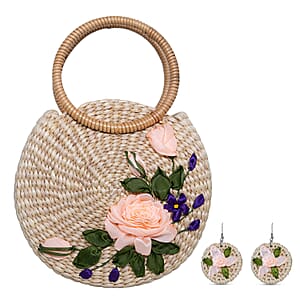 Passage Blush Pink Flower Handcrafted Ribbon Embroidered Straw Round Shoulder Bag with Matching Earrings Set