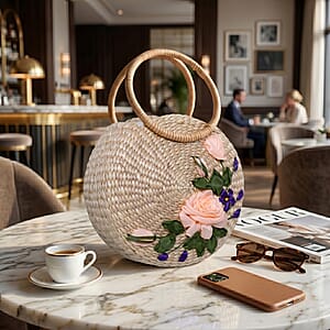 Passage Blush Pink Flower Handcrafted Ribbon Embroidered Straw Round Shoulder Bag with Matching Earrings Set