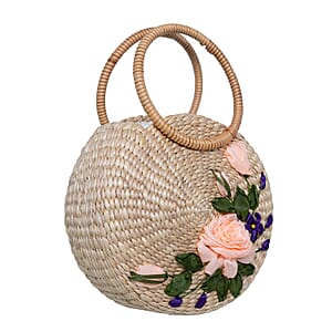 Passage Blush Pink Flower Handcrafted Ribbon Embroidered Straw Round Shoulder Bag with Matching Earrings Set