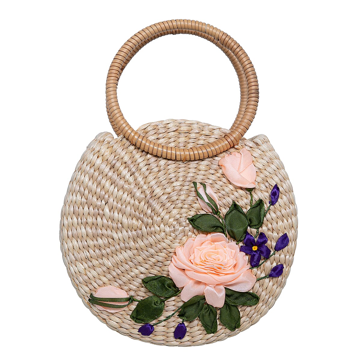 Passage Blush Pink Flower Handcrafted Ribbon Embroidered Straw Round Shoulder Bag with Matching Earrings Set image number 4
