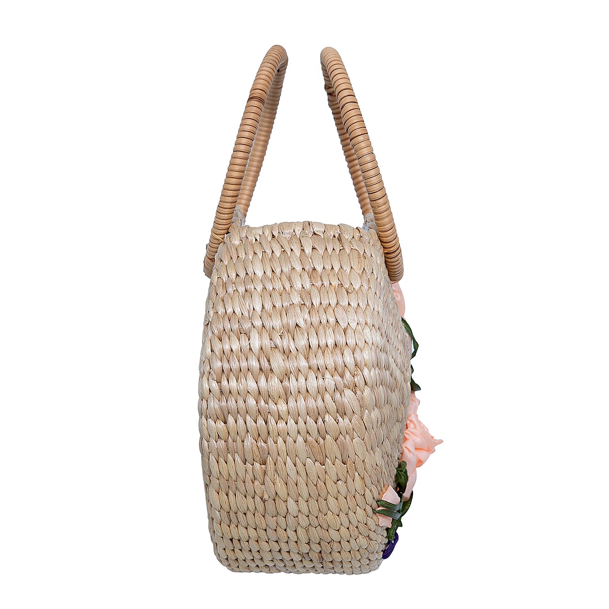 Passage Blush Pink Flower Handcrafted Ribbon Embroidered Straw Round Shoulder Bag with Matching Earrings Set image number 5
