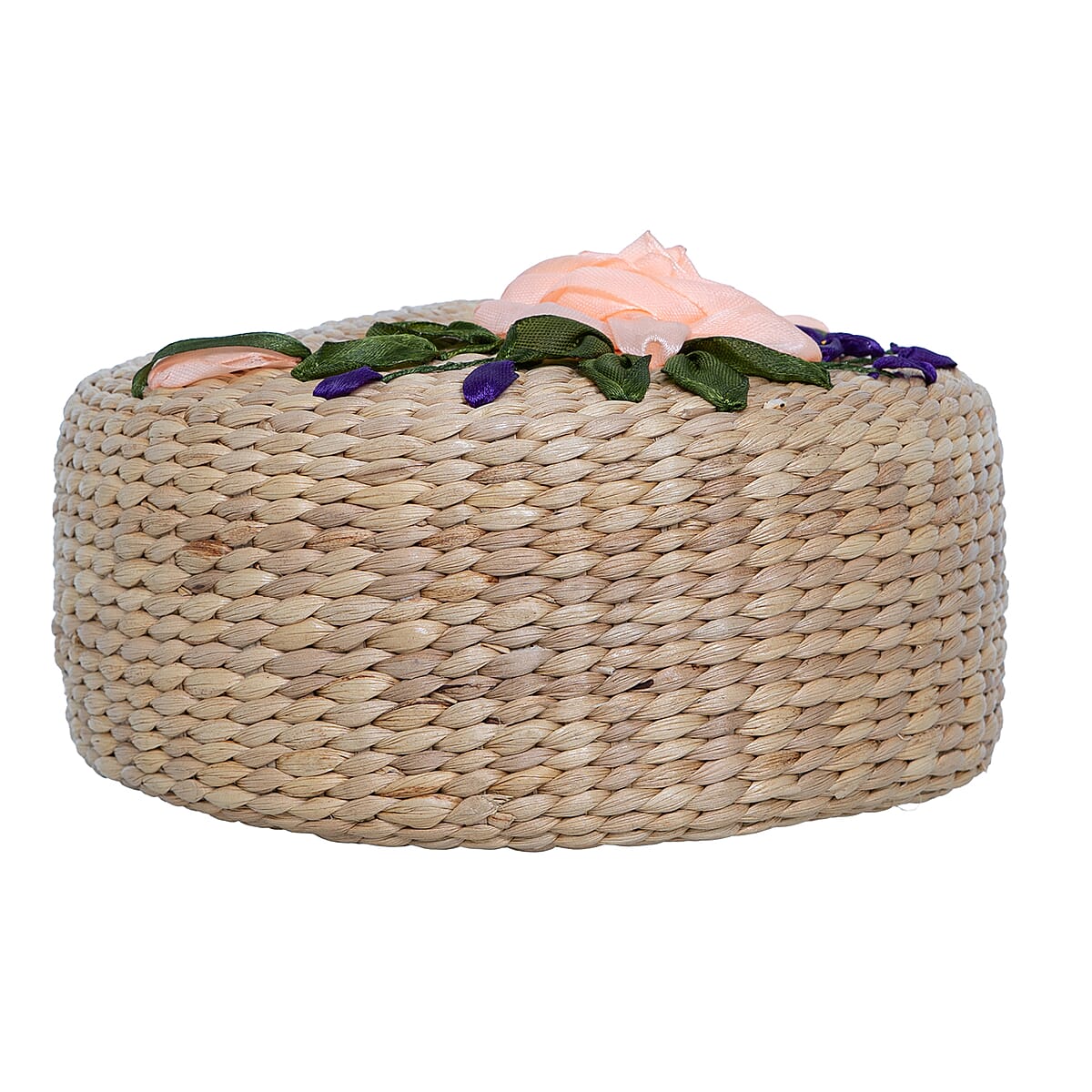 Passage Blush Pink Flower Handcrafted Ribbon Embroidered Straw Round Shoulder Bag with Matching Earrings Set image number 7