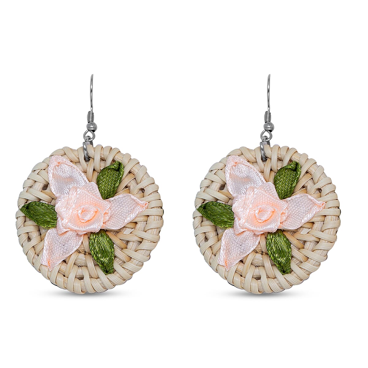 Passage Blush Pink Flower Handcrafted Ribbon Embroidered Straw Round Shoulder Bag with Matching Earrings Set image number 9