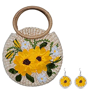 Passage Yellow Flower Handcrafted Ribbon Embroidered Straw Round Shoulder Bag with Matching Earrings Set