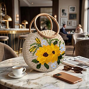 Passage Yellow Flower Handcrafted Ribbon Embroidered Straw Round Shoulder Bag with Matching Earrings Set