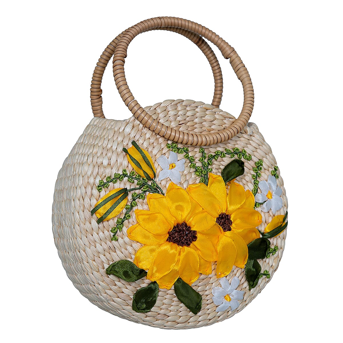 Passage Yellow Flower Handcrafted Ribbon Embroidered Straw Round Shoulder Bag with Matching Earrings Set image number 3