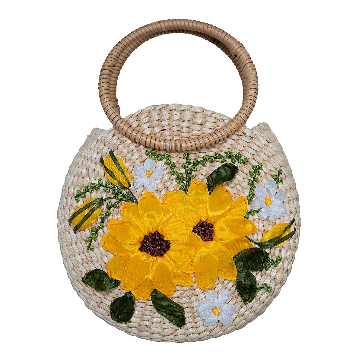 Passage Yellow Flower Handcrafted Ribbon Embroidered Straw Round Shoulder Bag with Matching Earrings Set image number 4