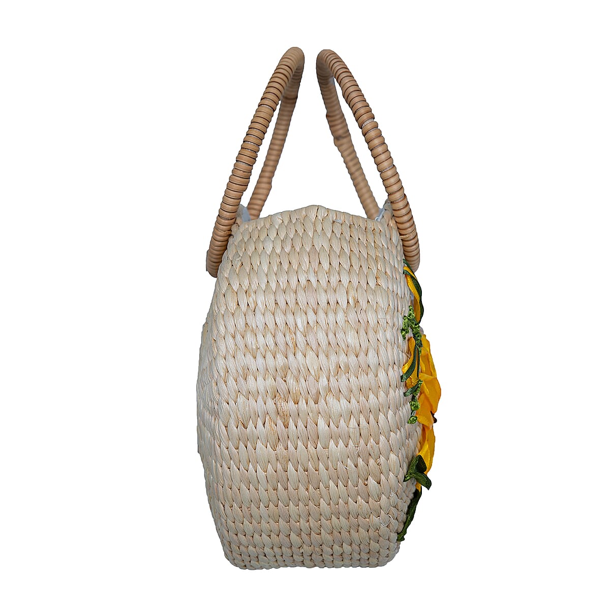 Passage Yellow Flower Handcrafted Ribbon Embroidered Straw Round Shoulder Bag with Matching Earrings Set image number 5