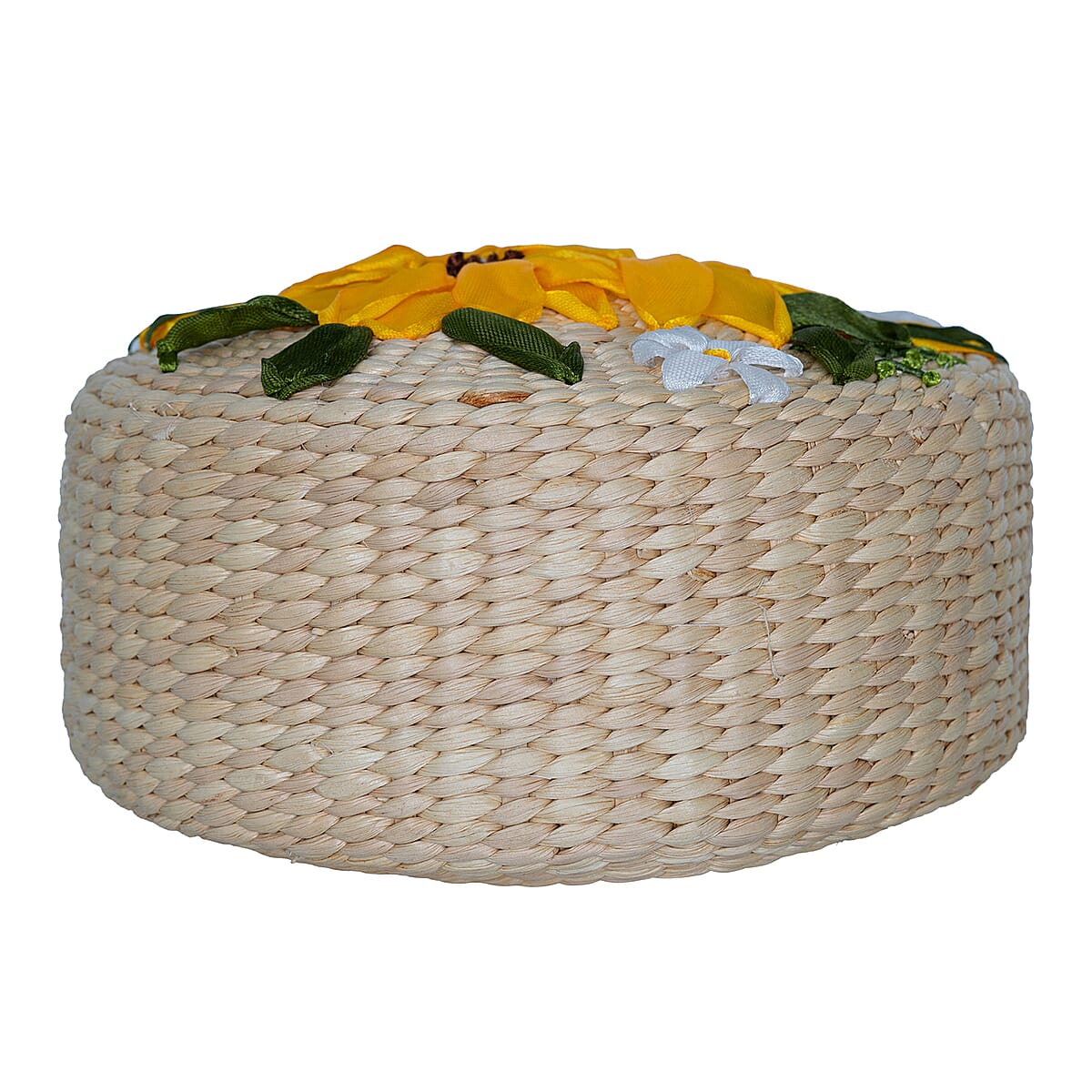 Passage Yellow Flower Handcrafted Ribbon Embroidered Straw Round Shoulder Bag with Matching Earrings Set image number 7