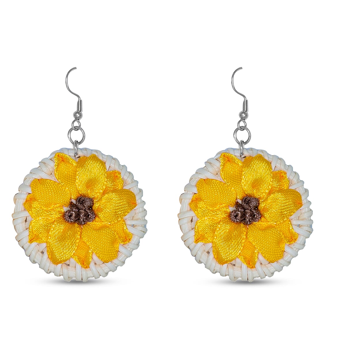 Passage Yellow Flower Handcrafted Ribbon Embroidered Straw Round Shoulder Bag with Matching Earrings Set image number 9