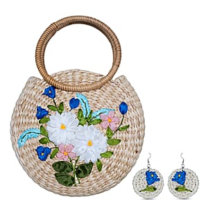 Passage White Flower Handcrafted Ribbon Embroidered Straw Round Shoulder Bag with Matching Earrings Set